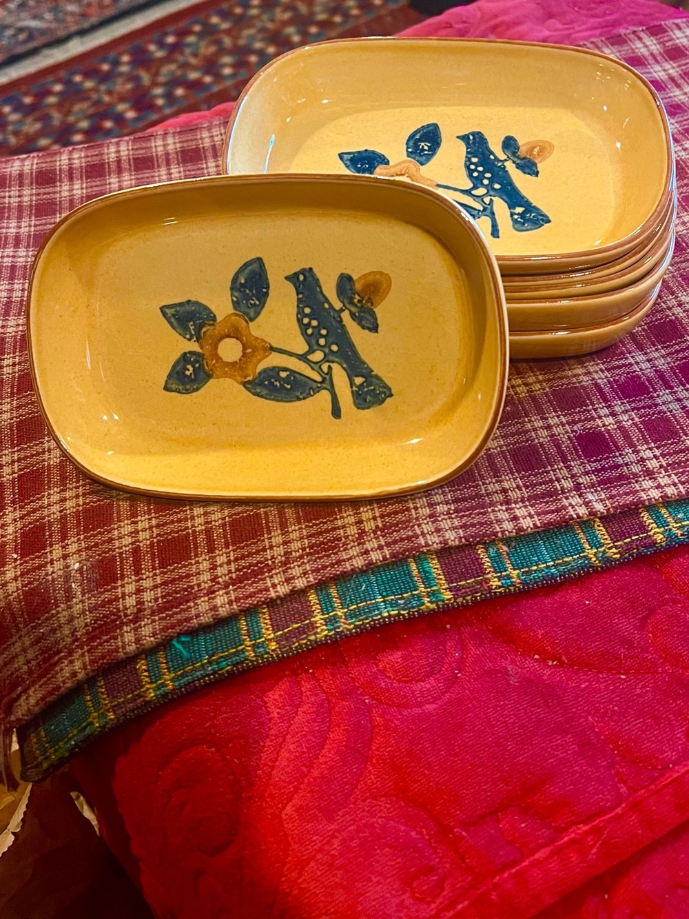 Vintage PFALTZGRAFF America or Folk Art  Stoneware small rectangular bird dish